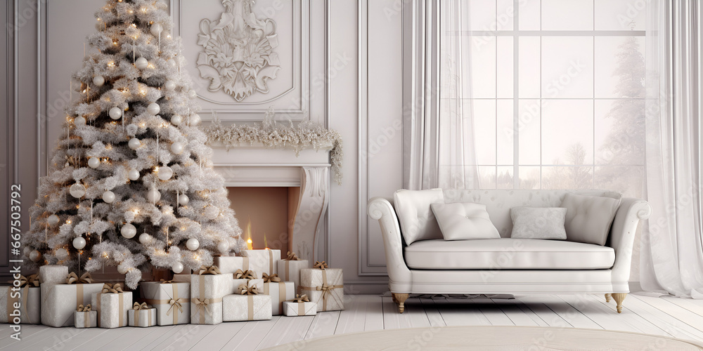  A Modern Scandinavian Farmhouse Style Christmas Tree In The Living Room Background White decorated christmas room with christmas tree chimney a lot of presents in country house Ai Generative