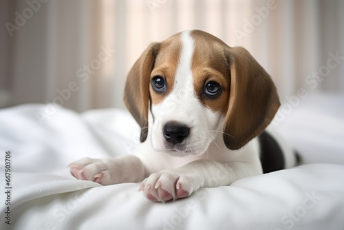 Photo of an inquisitive Beagle puppy sitting on a pure white sheet. Generative AI