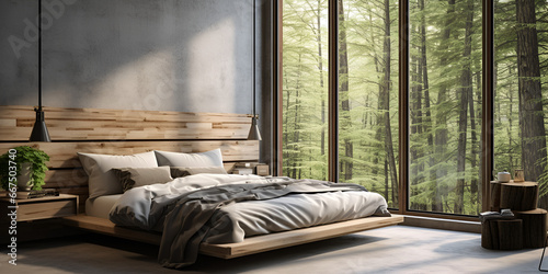 Bedroom decor home interior design contemporary stylish design a room with large glass window and out side green trees and a plant on the bed side Ai Generative  © Hafiz