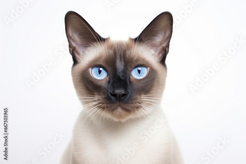 Photo of an inquisitive Tonkinese cat with its distinct coat pattern on a clean white background. Generative AI