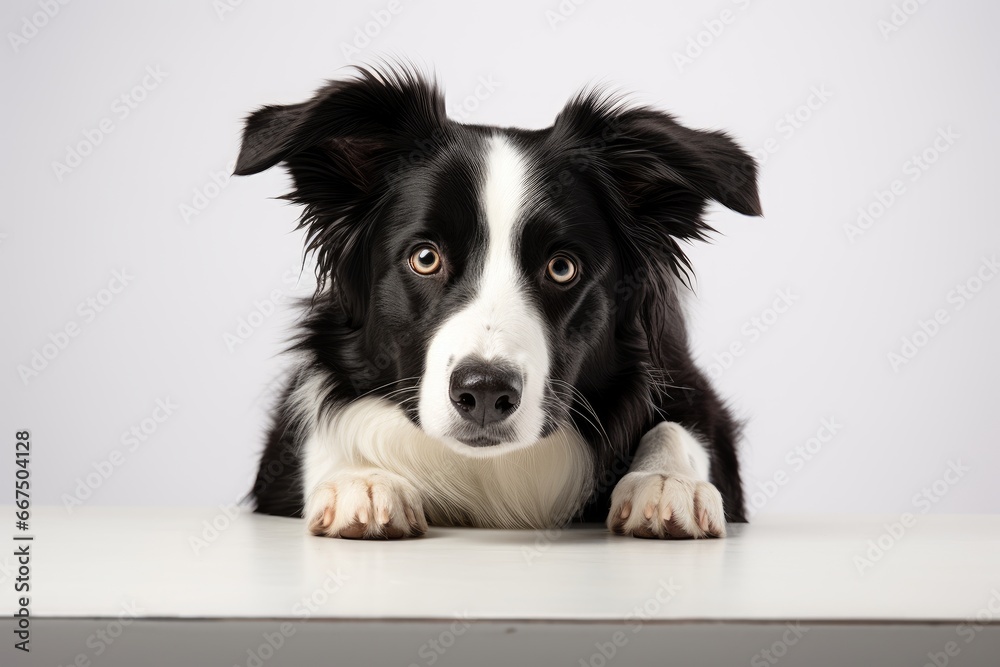Photo of an intelligent Border Collie with a focused expression on a clean white countertop. Generative AI