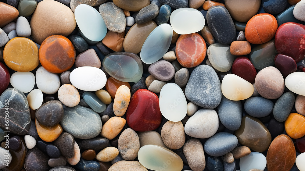 background multicolored sea polished stones, rolled pebbles on the seashore texture gems