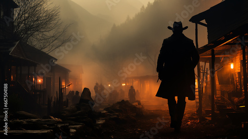 cowboy view from the back, wild west, retro landscape in the town historical reconstruction fictional graphics
