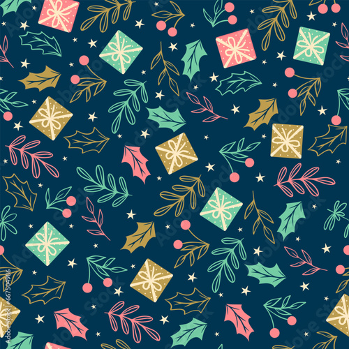 Christmas seamless pattern with twigs, berries, leaves and gift boxes