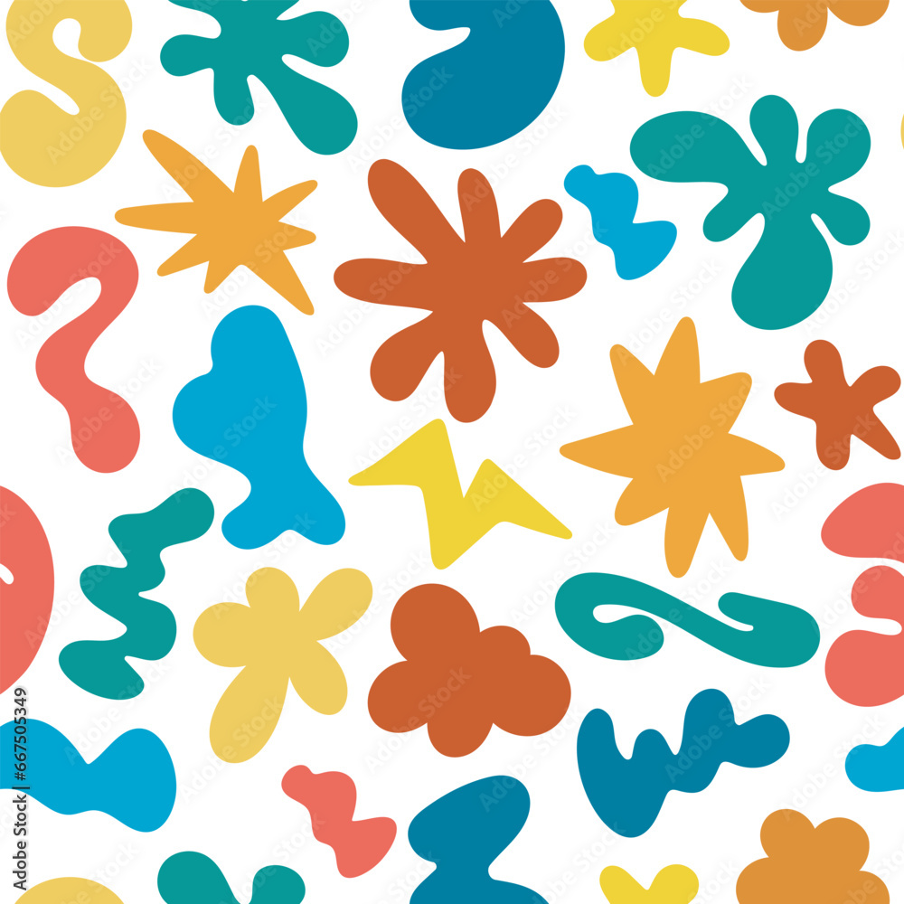 Bright groovy seamless pattern vector illustration. Playful naive shaped background. Contemporary abstract print for textile wallpaper, product design, kid clothing, poster and flyer