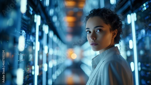 a young woman with contemplative gaze, holographic interface, neon lighting, combining human and technology, futuristic quantum computer server room, advanced AI research center. generative AI