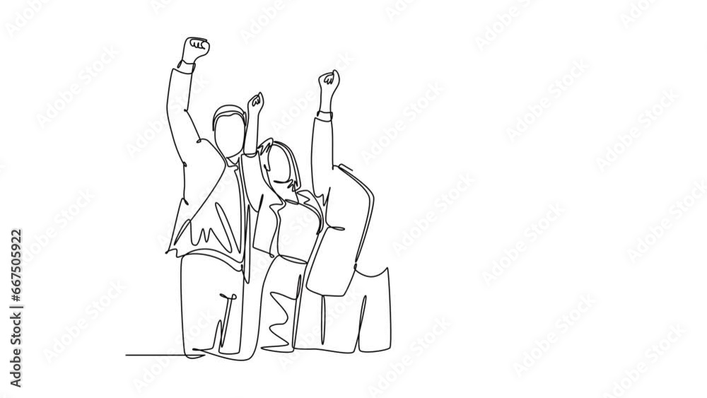 Self drawing animation of single line draw group of male manager and pretty female manager celebrating their success achieve business target. Team work goal. Continuous line draw. Full length animated Self drawing animation of single line draw group of male manager and pretty female manager celebrating their success achieve business target. Team work goal. Continuous line draw. Full length animated