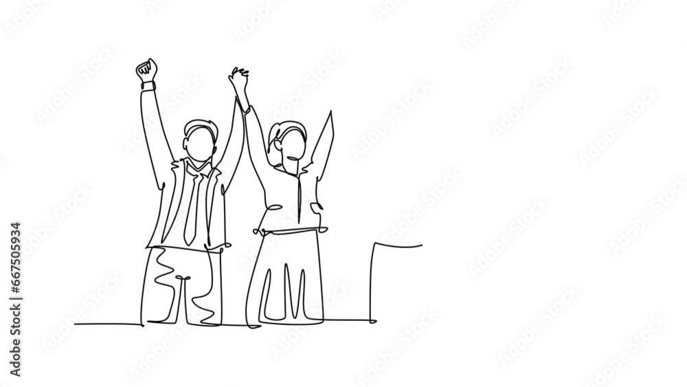 Animated self drawing of continuous line draw group of male manager and female manager hold hands each other to celebrate their success winning tender. Team work goal. Full length one line animation Animated self drawing of continuous line draw group of male manager and female manager hold hands each other to celebrate their success winning tender. Team work goal. Full length one line animation