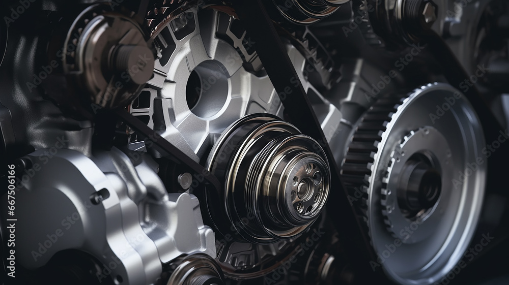 gears replacement of the timing belt in the engine, abstract background texture of the mechanism of the car engine fictional graphics - obrazy, fototapety, plakaty 