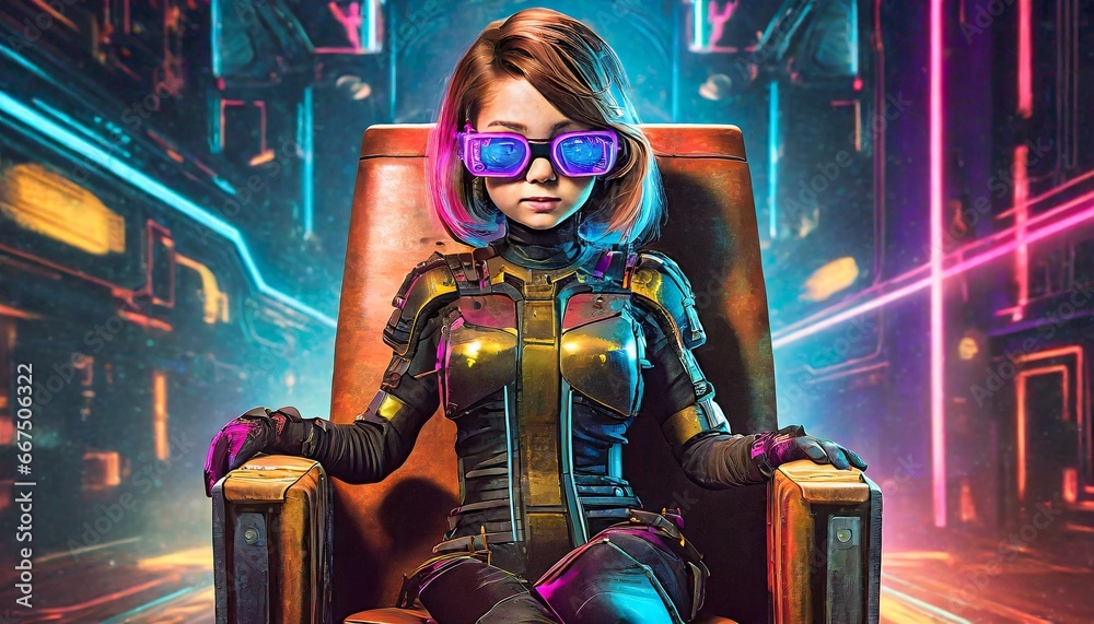 Girl with costume on futuristic chair with futuristic glasses Girl with costume on futuristic chair with futuristic glasses
