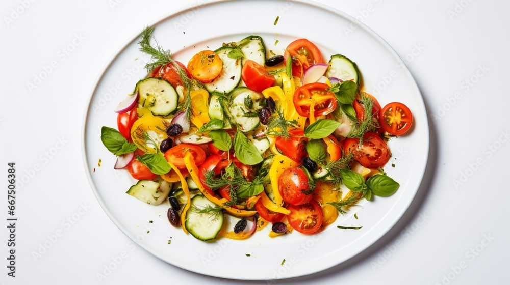 Looking Down at a Delicious Vegetable Salad Served on a Table on white surface , Looking Down at a Delicious Vegetable Salad Served on a Table on white surface ,