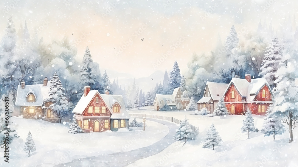 small houses snowfall design background, illustration christmas background, abstract village in heavy snowfall, blurry winter view of falling snow