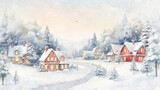 small houses snowfall design background, illustration christmas background, abstract village in heavy snowfall, blurry winter view of falling snow