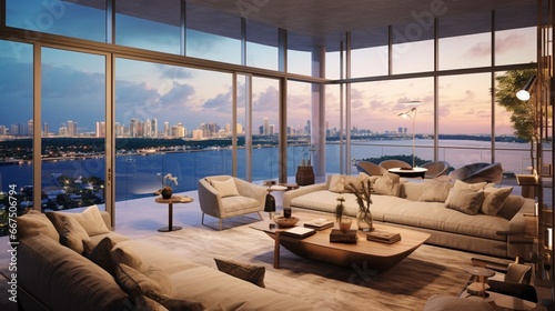 Miami Apartment with Captivating Views from Living Room to Kitchen, Framed by Floor-to-Ceiling Windows,