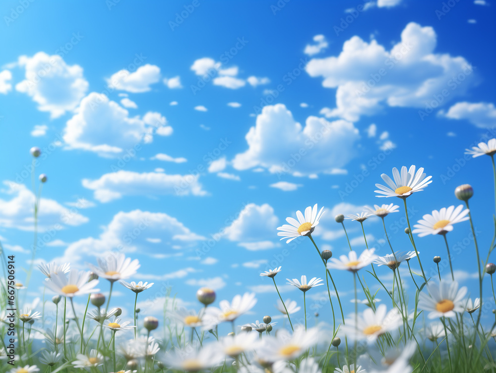 A field of white flowers spread out under a clear sky. white flower field background. white daisy scenery. Generative AI