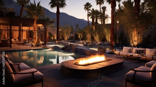 Outdoor Lounge Area with Fire Pit at a Luxurious Hot Springs Destination in Palm Springs,