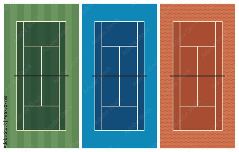 Tennis courts vector background. Top view of grass, hard and clay court texture. Set of different tennis court surface illustrations. - obrazy, fototapety, plakaty 