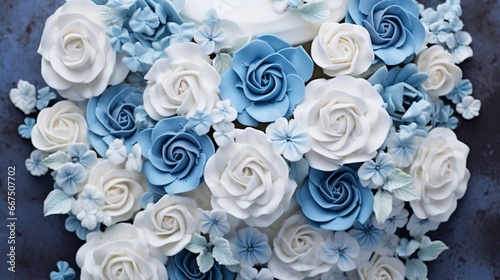 Over Head View of White Cake Embellished with Exquisite Blue Buttercream Roses, © Pretty Panda