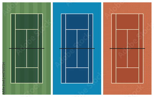 Tennis courts vector background. Top view of grass, hard and clay court texture. Set of different tennis court surface illustrations.