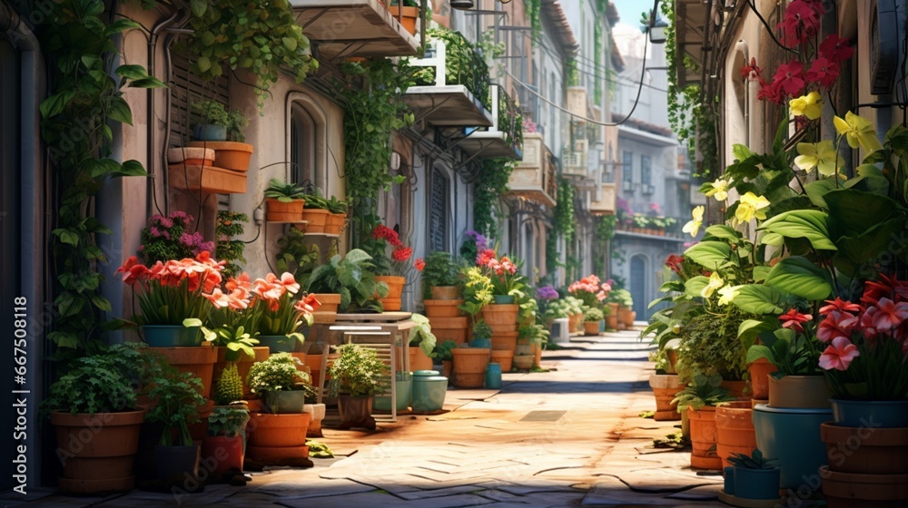 Fototapeta premium Potted Plants Beautifying the Streets and Adding Life to the Cityscape,