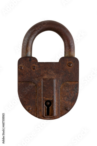 old rusty hinged barn lock isolated on white background top view