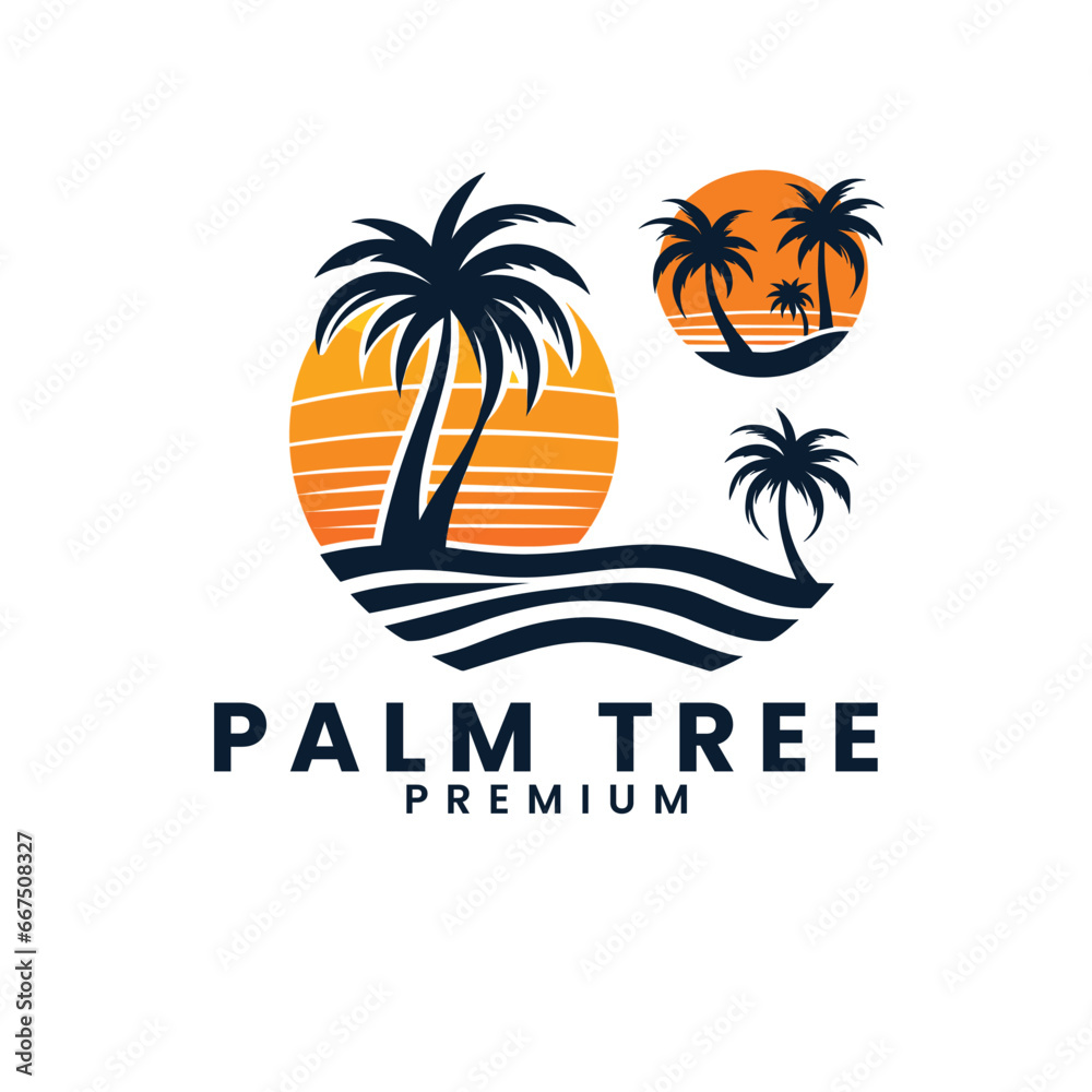 Naklejka premium Vector summer palm tree Gradient beach logo template set