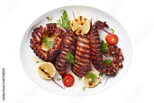Grilled Octopus Tentacles from Above on transparent background.