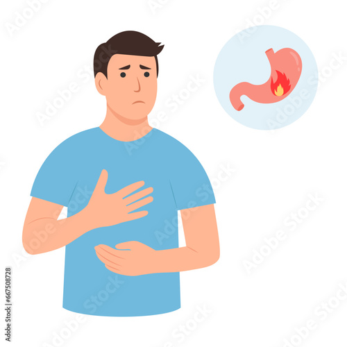 A man holds her stomach with  hands.Unhealthy diet and junk food, poisoning.Heartburn.Gastritis and acid reflux, stomach upset and stomach pain problems. Vector illustration.
