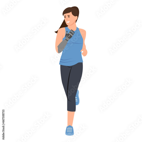 Prosthetic hand. Woman with bionic arm, metallic cybernetic hand is running. Person with disability.  Flat vector illustration isolated on white background