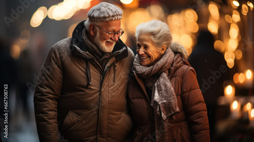 Happy two elderly people woman, man walking against the backdrop of christmas fair lights holding hands on the street, wearing coats. Design ai