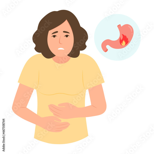 Heartburn. A young woman holds her stomach with  hands.Unhealthy diet and junk food, poisoning.Gastritis and acid reflux, stomach upset and stomach pain problems. Vector illustration.