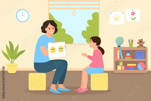 Child psychologist showing pictures to the boy. Kid counselling session in informal cozy office interior. Family psychotherapy session for children with mental problems.Vector  illustration