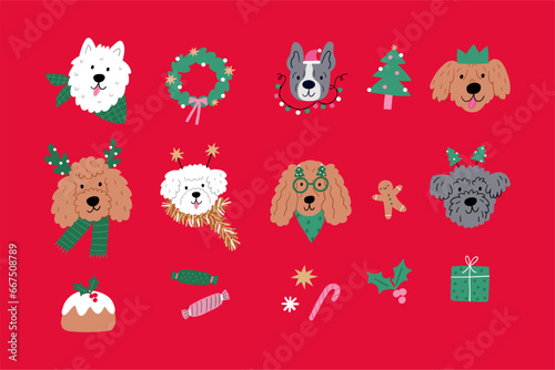 Cute cartoon Christmas dogs - vector prin in flat style. Holidays pet in Christmas hat and decor