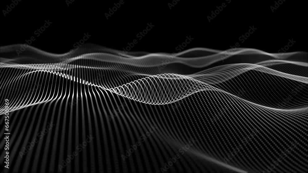 Digital, particles and energy with wave grid for technology and science. Light, cyber and futuristic with 3d dust grid pattern on black background for networking, texture and data hologram