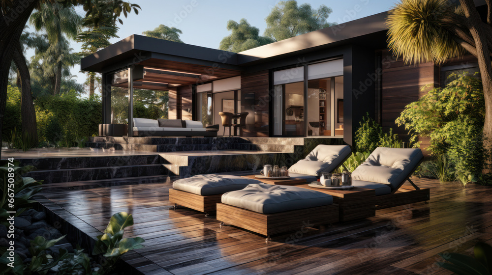 modern dark villa with open plan living and private chair wing with small terrace for relaxation, Generative AI