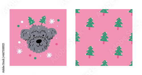 Cute cartoon Christmas dogs - vector prin in flat style. Holidays pet in Christmas hat and decor
