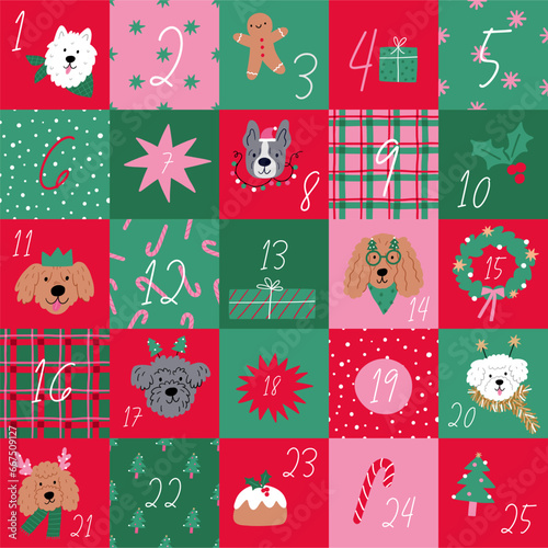 Christmas Advent calendar with Dogs. Cute cartoon Christmas dogs - vector prin in flat style. Holidays pet in Christmas hat.