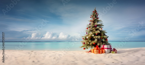 Christmas on the beach. New Year on vacation. Sea. The Christmas tree stands on the ocean shore.