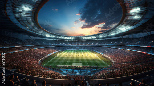 view inside soccer stadium with Fans on stadium game and audiences people celebration, Generative AI. wide angle lens