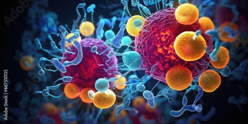 Cell division or cell connection, the microbiological process of reproduction of the simplest microorganisms microbes, bacteria, protein. Cells under a microscope. Generative AI.