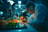 Scientists conducting a research in a state-of-the-art post harvest laboratory in agricultural industry and nanotechnology, using a macro lens to capture intricate details and a modern