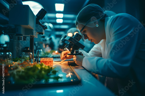 Scientists conducting a research in a state-of-the-art post harvest laboratory in agricultural industry and nanotechnology, using a macro lens to capture intricate details and a modern photo