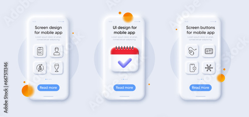 Money exchange, Air conditioning and Report document line icons pack. 3d phone mockups with calendar. Glass smartphone screen. Smartphone protection, Headshot, Beer glass web icon. Vector
