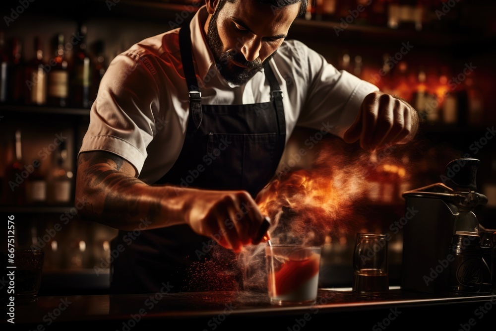 Bartender gently pours finished cocktail into glass and preparing to servings at bar, Alcohol drinks concept. Bartender gently pours finished cocktail into glass and preparing to servings at bar, Alcohol drinks concept.