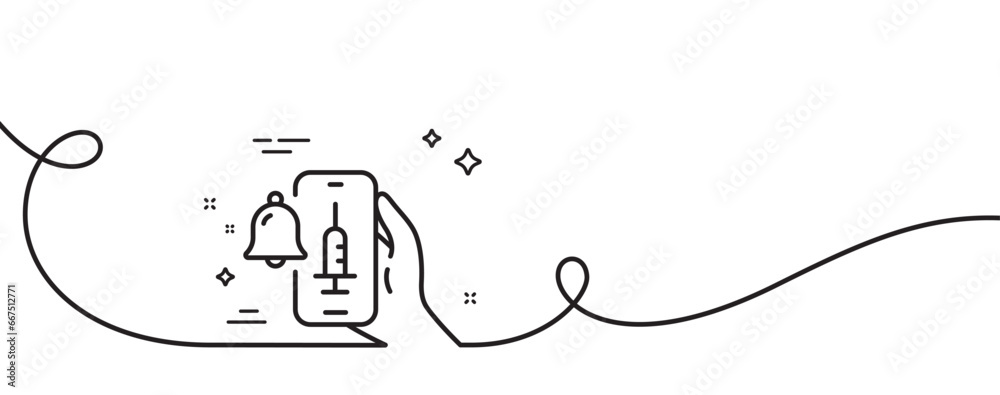 Vaccine announcement line icon. Continuous one line with curl. Vaccination phone app sign. Smartphone bell symbol. Vaccine announcement single outline ribbon. Loop curve pattern. Vector Vaccine announcement line icon. Continuous one line with curl. Vaccination phone app sign. Smartphone bell symbol. Vaccine announcement single outline ribbon. Loop curve pattern. Vector