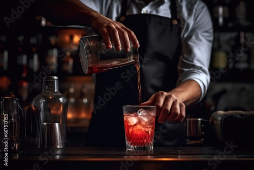 Bartender gently pours finished cocktail into glass and preparing to servings at bar, Alcohol drinks concept.