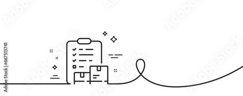 Inventory checklist line icon. Continuous one line with curl. Warehouse pallet sign. Wholesale goods symbol. Inventory checklist single outline ribbon. Loop curve pattern. Vector
