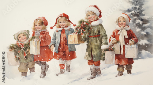Children and Gifts, Vintage Style, Watercolor