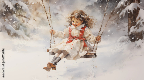 Girl in White Dress Swinging on a Swing in Winter, Vintage Style, Watercolor