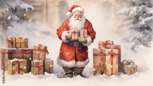 Santa Claus and Presents, Vintage Style, Watercolor